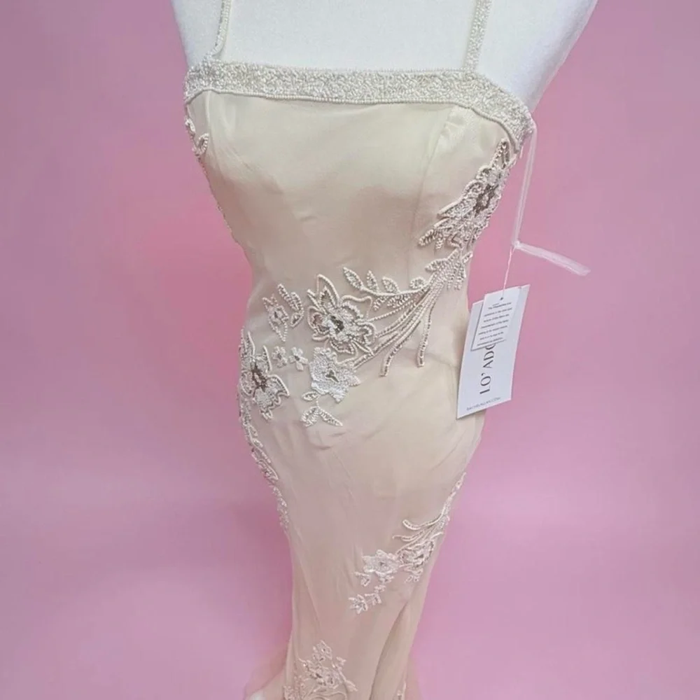 Lo Adoro Elegant Champagne/Sand Colored Embroidered Spaghetti-Strap Gown - Picture 7 of 10